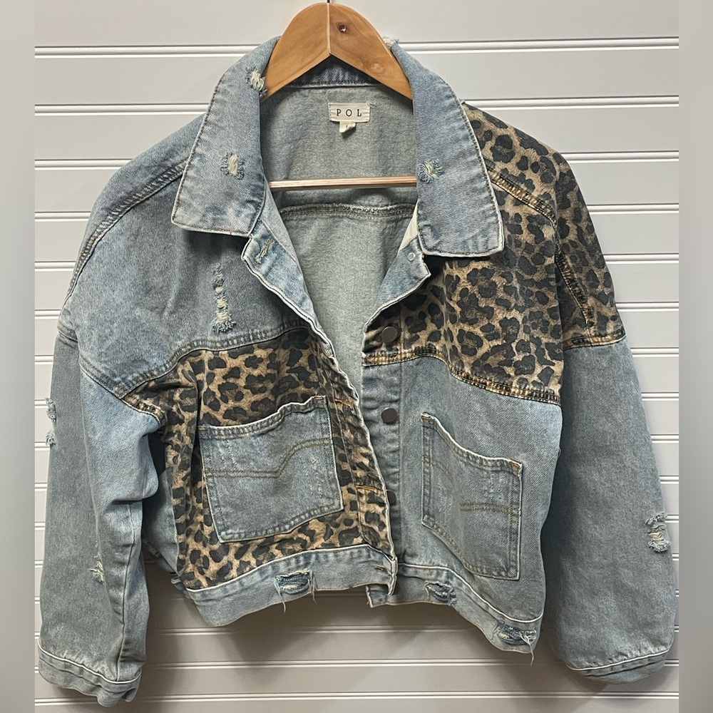 POL Women’s Leopard Print Denim Distressed Jacket 100% Cotton Large L